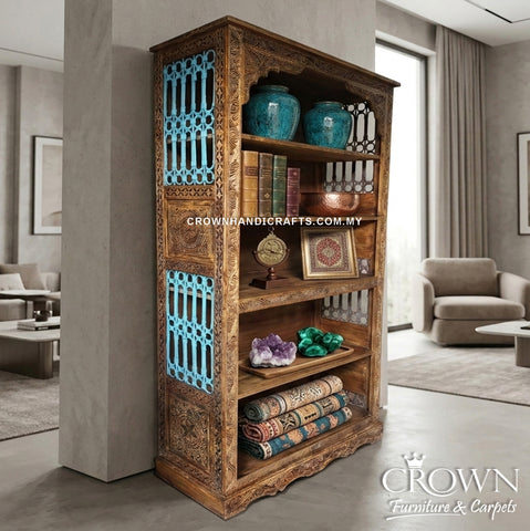 Artisan Solid Wood Display Cabinet | Decorative Blue Metal Jali Showcase for Living Room Storage | DIS 27 (L44 W18 H83.5 Inches)