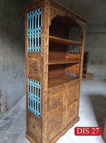Artisan Solid Wood Display Cabinet | Decorative Blue Metal Jali Showcase for Living Room Storage | DIS 27 (L44 W18 H83.5 Inches)