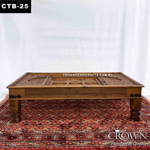 Solid Wood Coffee Table Antique Moghul Palace Door Style, Hand Carved along with Vintage Metal Ornaments | CTB-25 (L60 W32 H18 Inches)