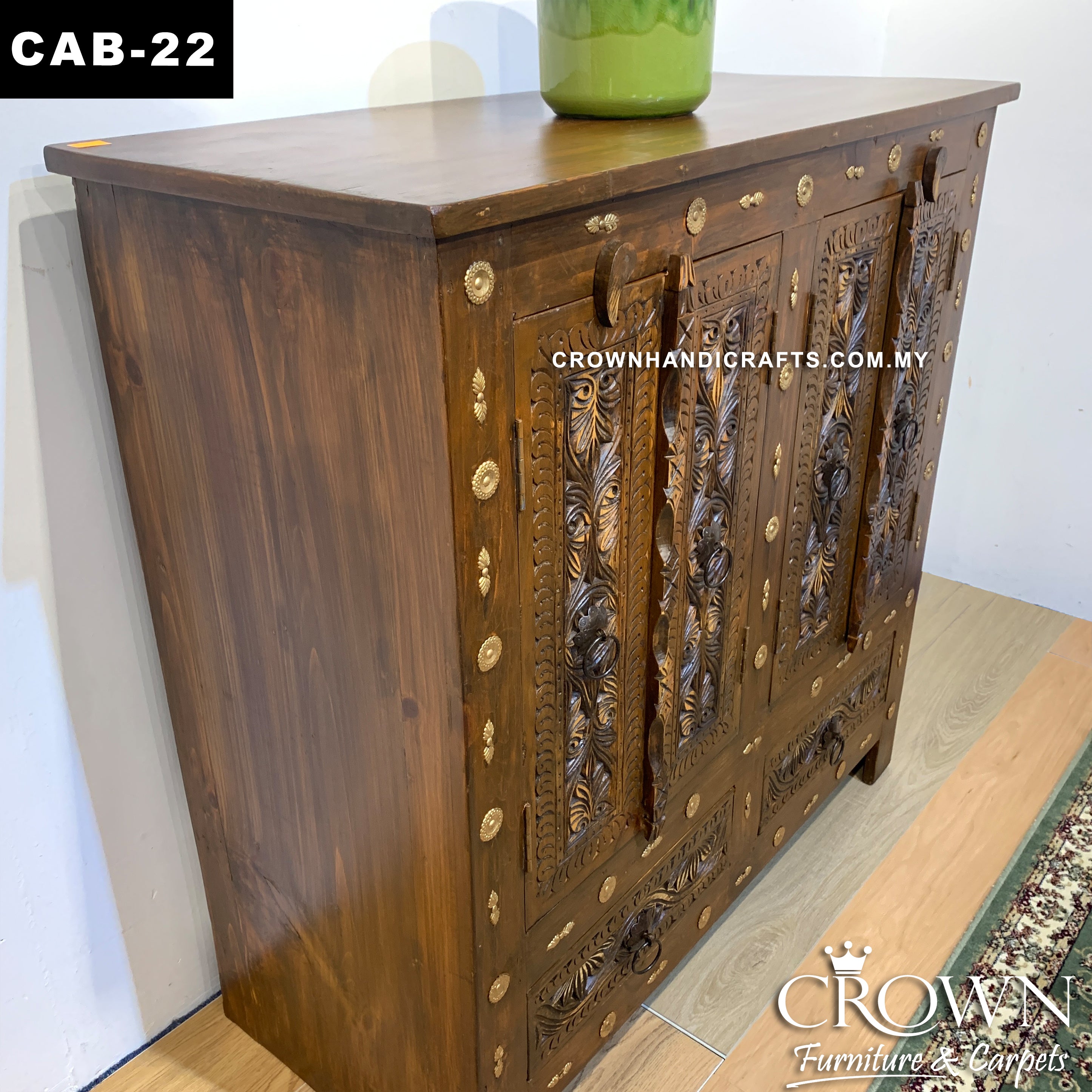 Solid Wood Antique Style Cabinet with 2 Doors 2 Drawers Brass Accents, Ideal Living Room Furniture Teak Cabinet in Kuala Lumpur | CAB-22 (L42 W18 H42 Inches)