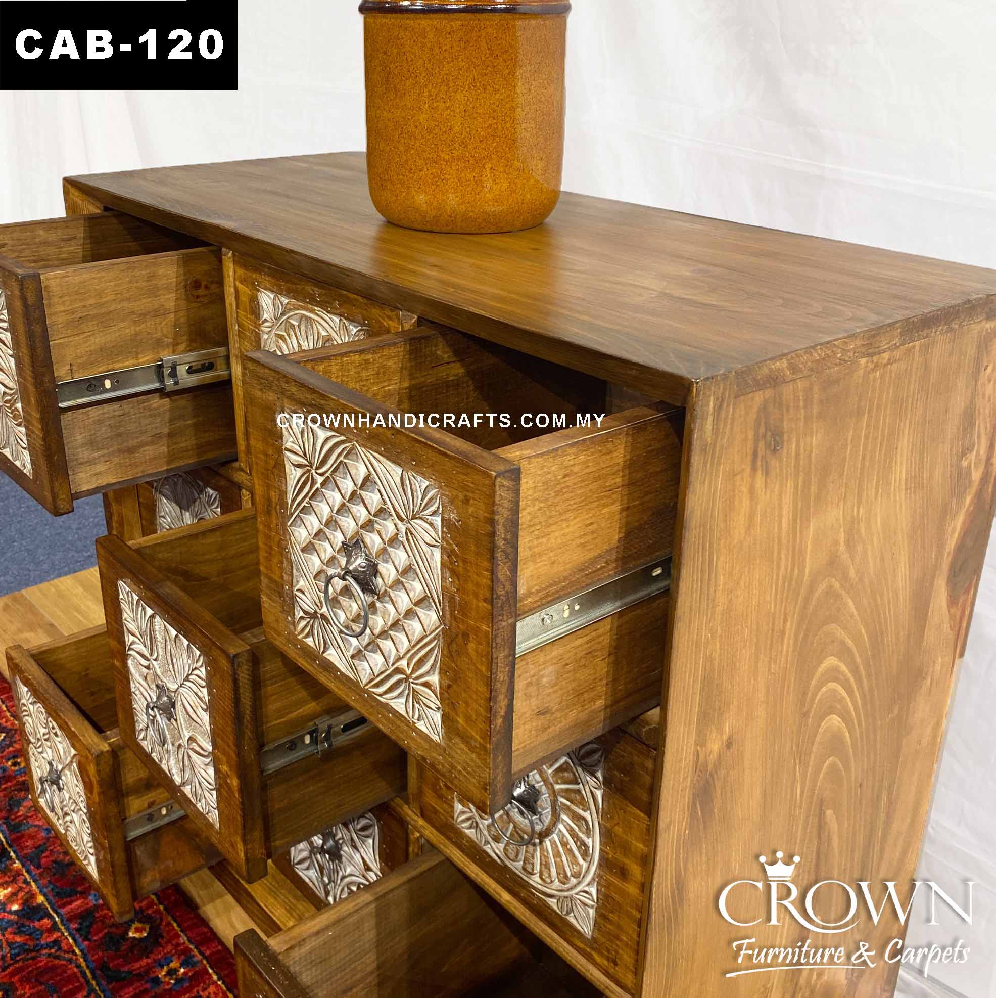 Modernize your Home Decor with Stunning Cabinet Whitewash Hand Carved 9 Drawers | Solid Wood Antique Style Furniture in Kuala Lumpur | CAB-120 (L36 W15.5 H36 Inches)