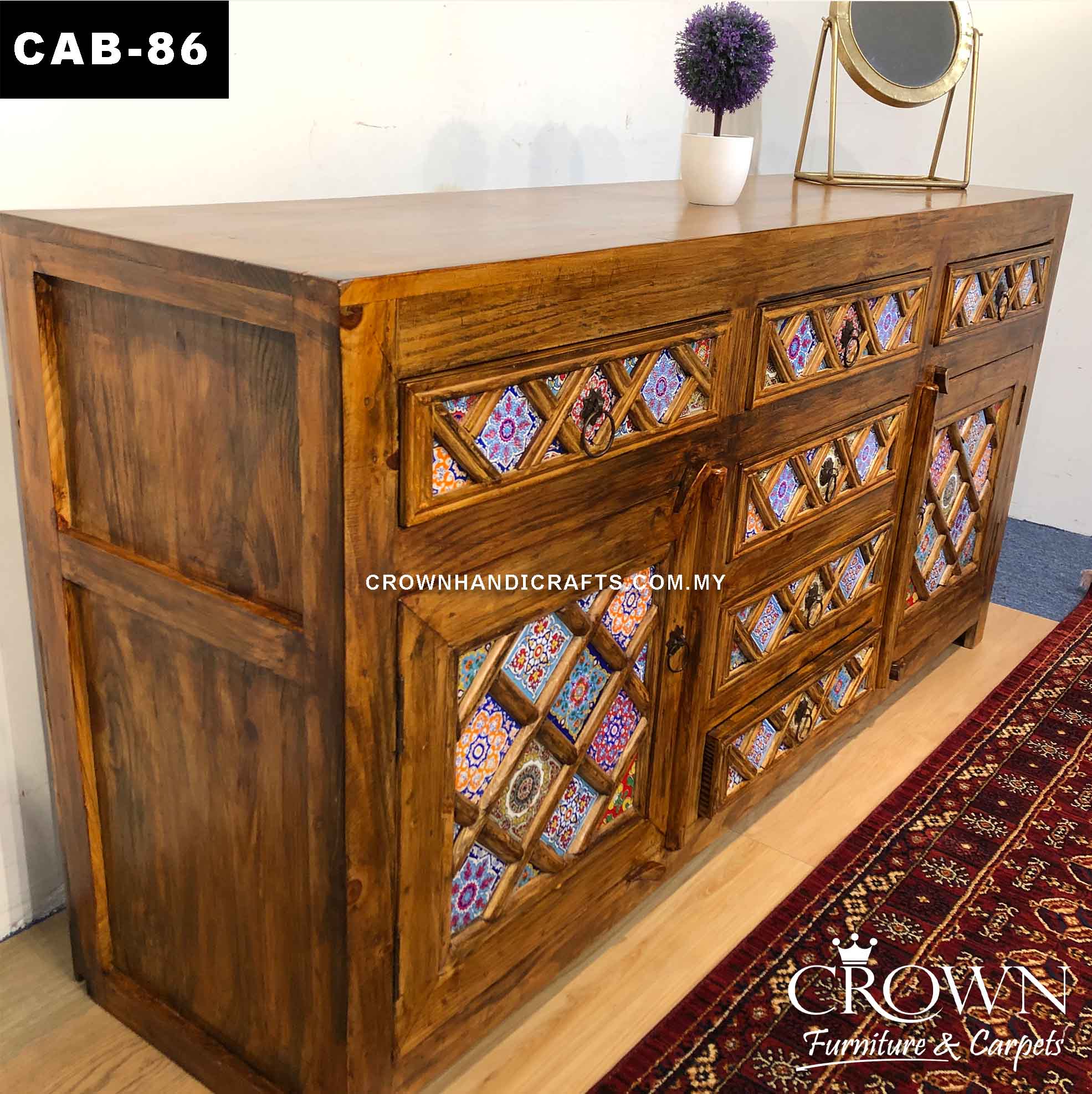 Antique Cabinet Boho Accent Diamond Shape Hand-Painted by Artisans | Solid Wood Furniture Store in Malaysia | CAB-86 (L72 W18 H36 Inches)