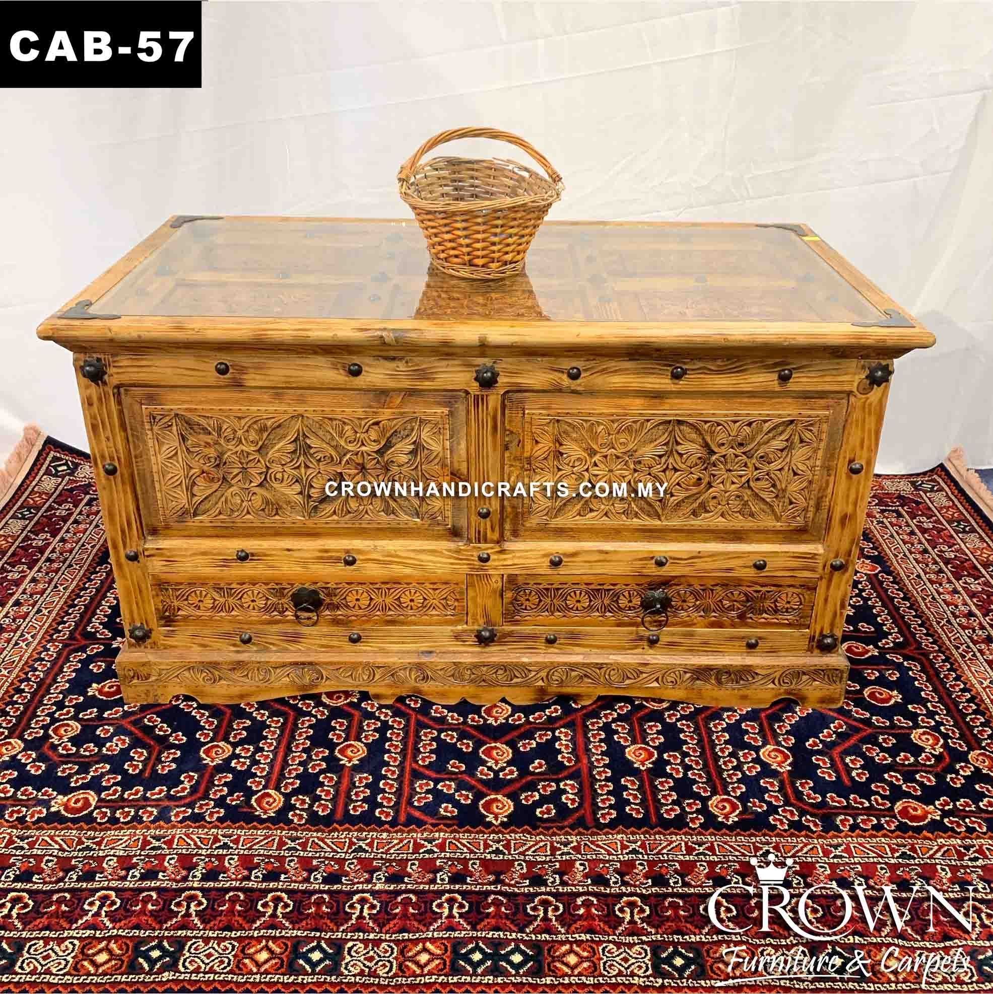 Treasure Trunk Chest Antique Style Pitara Box Hand Carved Two tone Accent with Metal Ornaments | CAB-57 (L50 W27 H27 Inches)