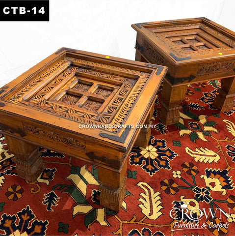 Side Table Antique Style, Hand Carved and Accent Metal Corners, Solid Wood Table | CTB-14 (L24 W24 H18 Inches)