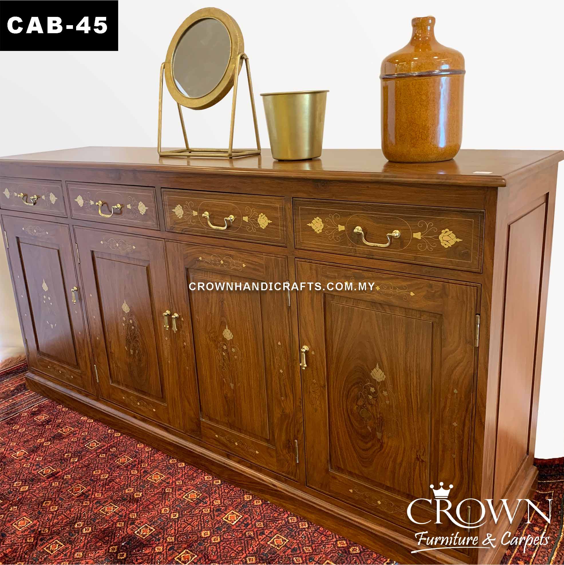 Eclectic Indian Sideboard Cabinet Brass In-laid by Artisan, Spacious and Essential Living Room and Dining Room Furniture in Malaysia | CAB-45 (L72 W18 H36 Inches)