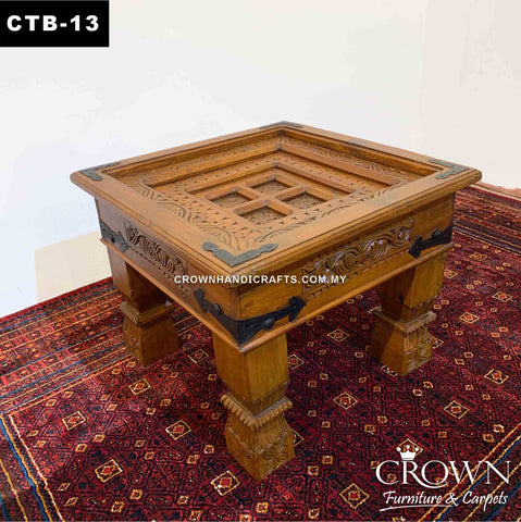 Side Table Antique Style, Hand Carved and Accent Metal Corners, Solid Wood Table | CTB-13 (L24 W24 H18 Inches)