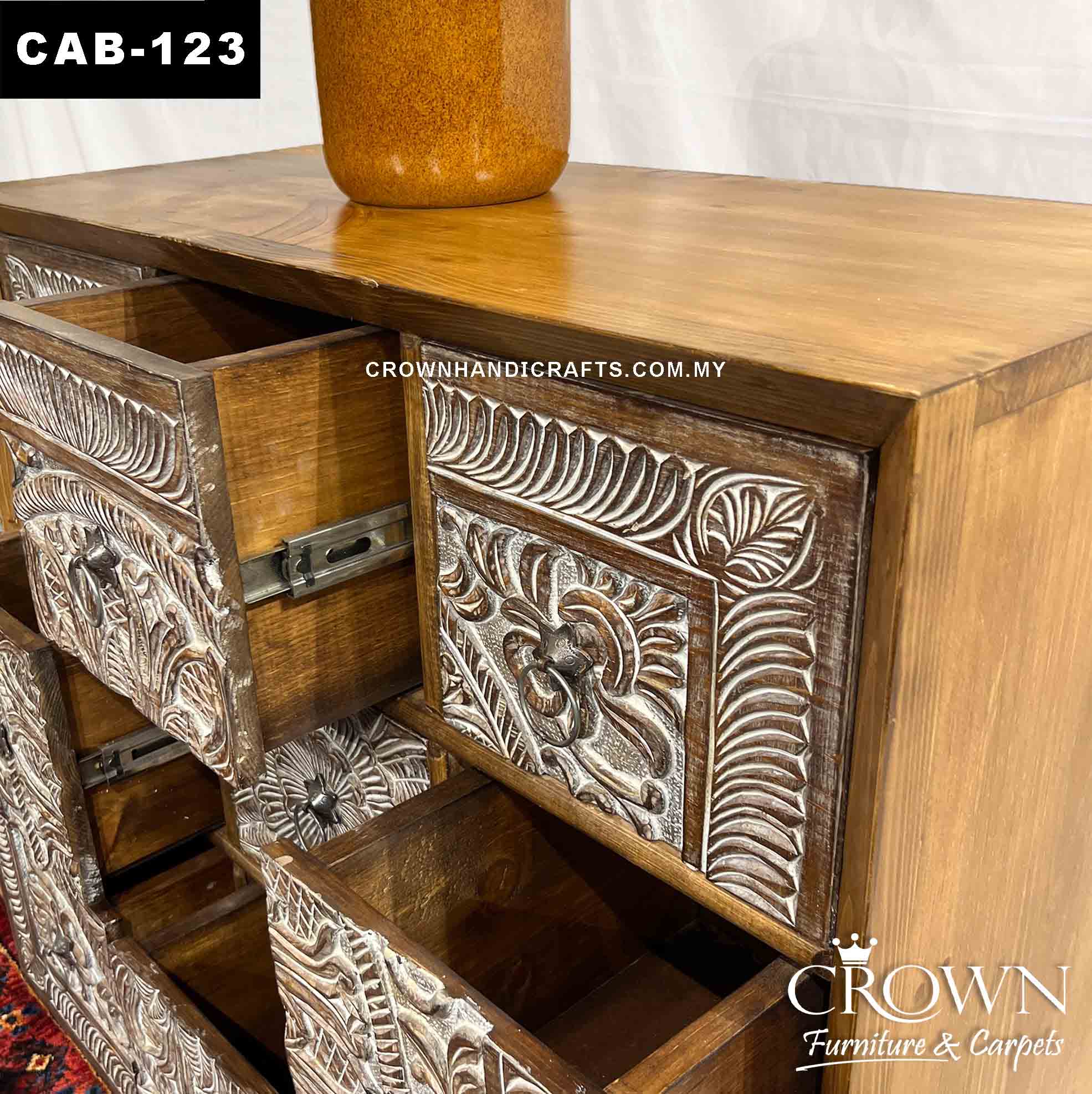 Timeless Whitewash Cabinet 9 Drawers Hand Carved  Round Orbit Floral Buff Rustic Style | CAB-123 (L36 W15.5 H36 Inches)