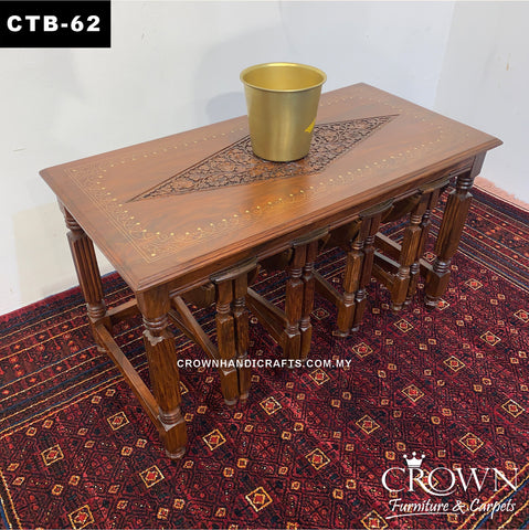Solid Wood 4-stool Slot in out Style Coffee Table, Accent with Hand Carving and Brass inlay, Perfect for usage in Living Room | CTB-62 (L36 W18 H21 Inches)
