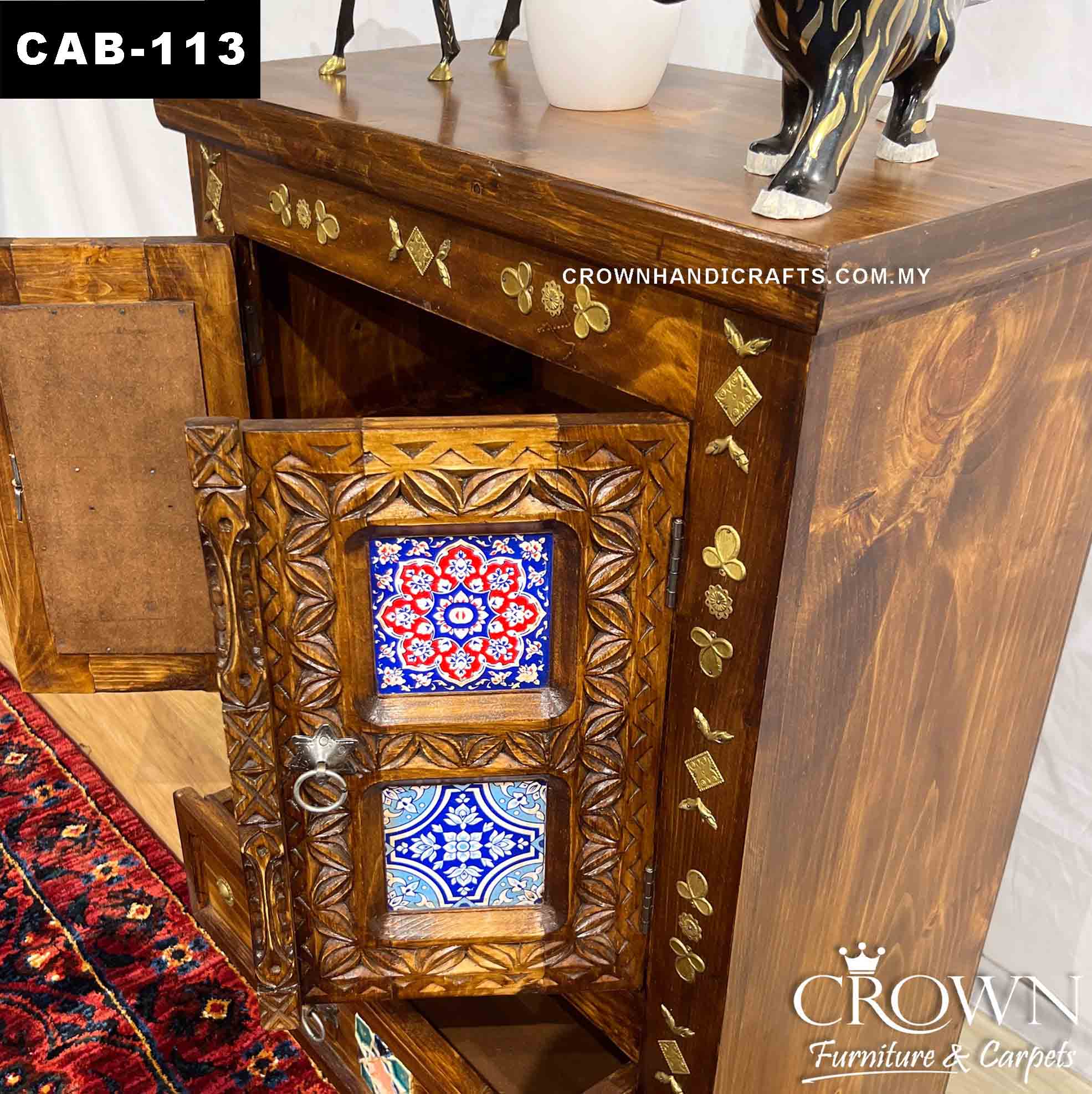 Stunning Hand-Painted Bohemian Cabinet with Brass Accent! Solid Wood Indian Furniture Antique Shop in Malaysia | CAB-113 (L24.5 W12.8 H33 Inches)