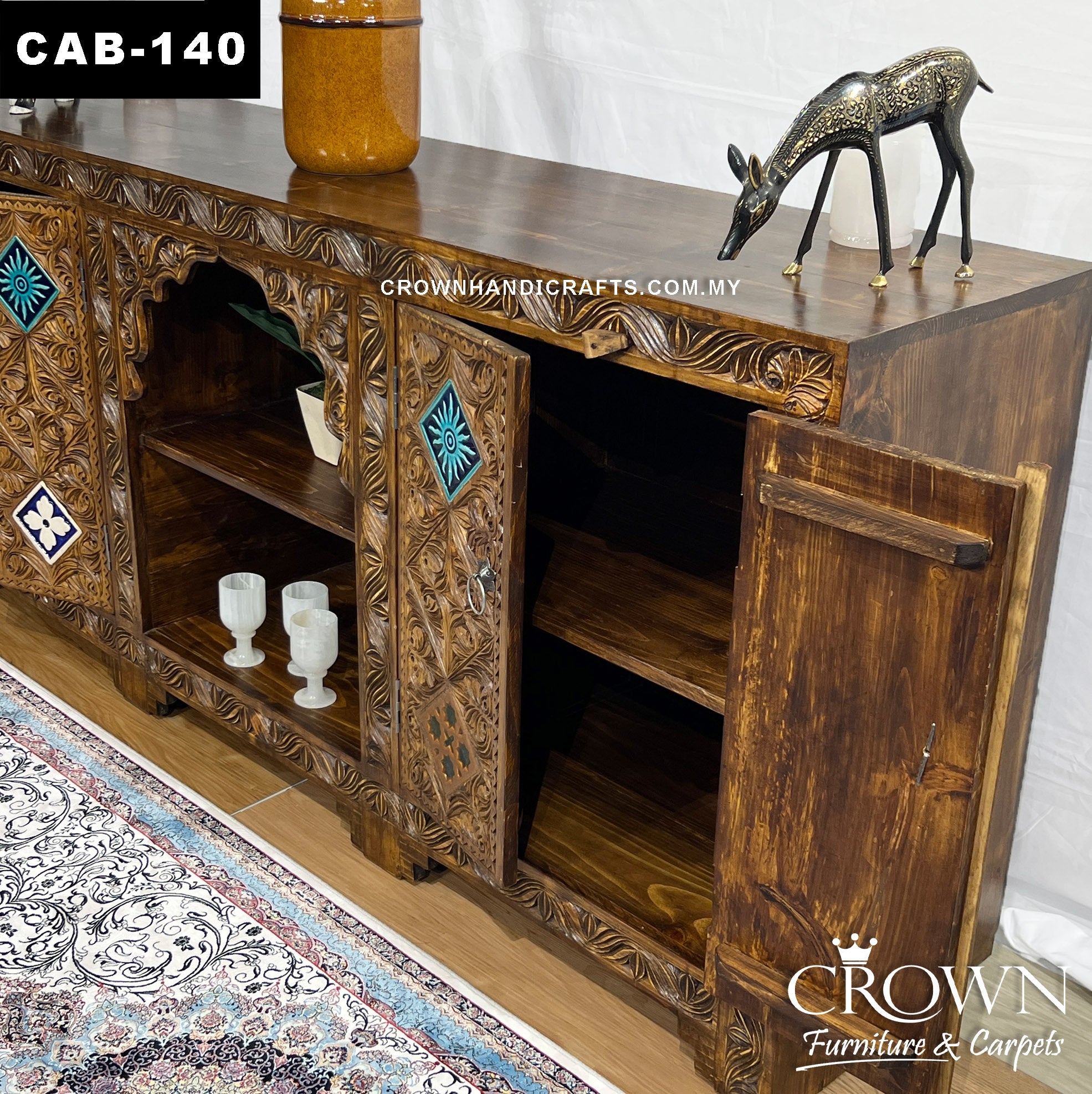 Display Cabinet Antique Style Hand Carved Indian Fusion with Moroccan Accent | Enhance your Home Interior | Solid Wood Furniture Malaysia | CAB-140 (L72 W17.2 H33 Inches)