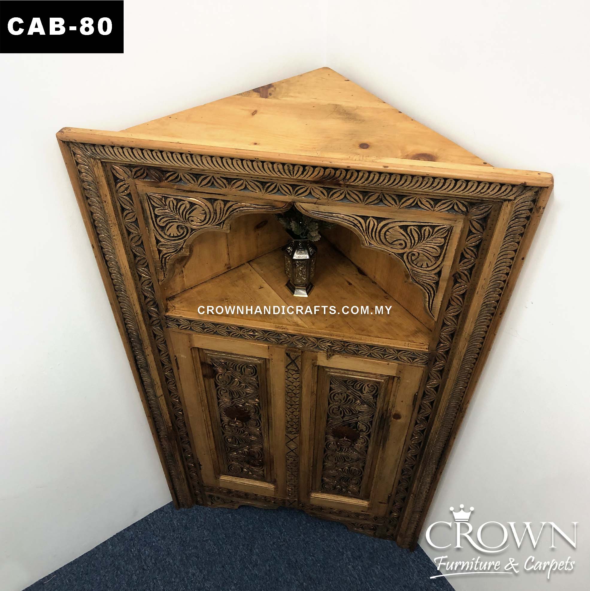 Corner Display Cabinet, Triangle Back to Display at 90 degree Wall, Solid Wood Antique Style Furniture in Malaysia | CAB-80 (L17.5 W34.5 H62 Inches)