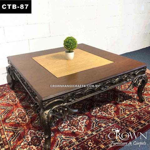 Victorian Style Coffee Table with Wood in Wood in-laid Top, Accent for Living Room, Solid Wood Coffee Table | CTB-87 (L42 W42 H17 Inches)