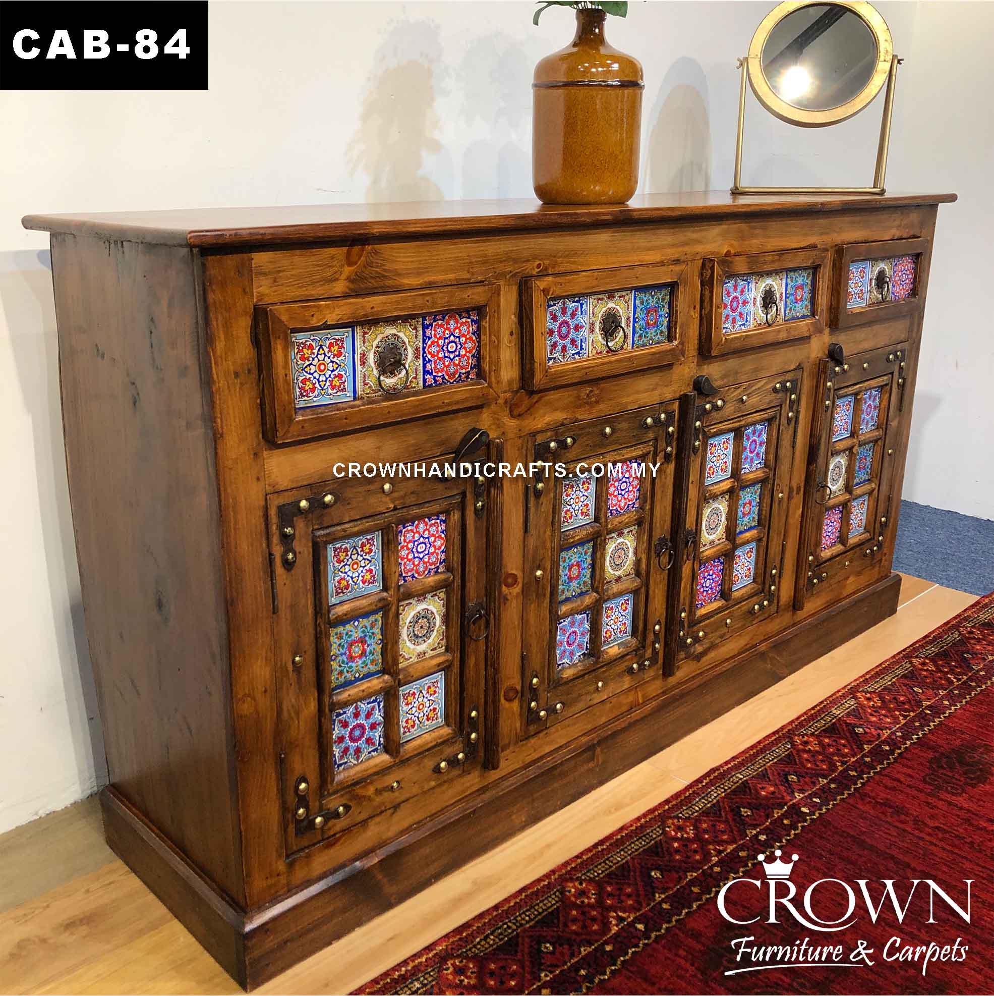 Solid Wood Sideboard Cabinet Hand-Painted Boho Accent Diamond Shape | Shop Antique Furniture in Malaysia | CAB-84 (L72 W17.5 H38.5 Inches)