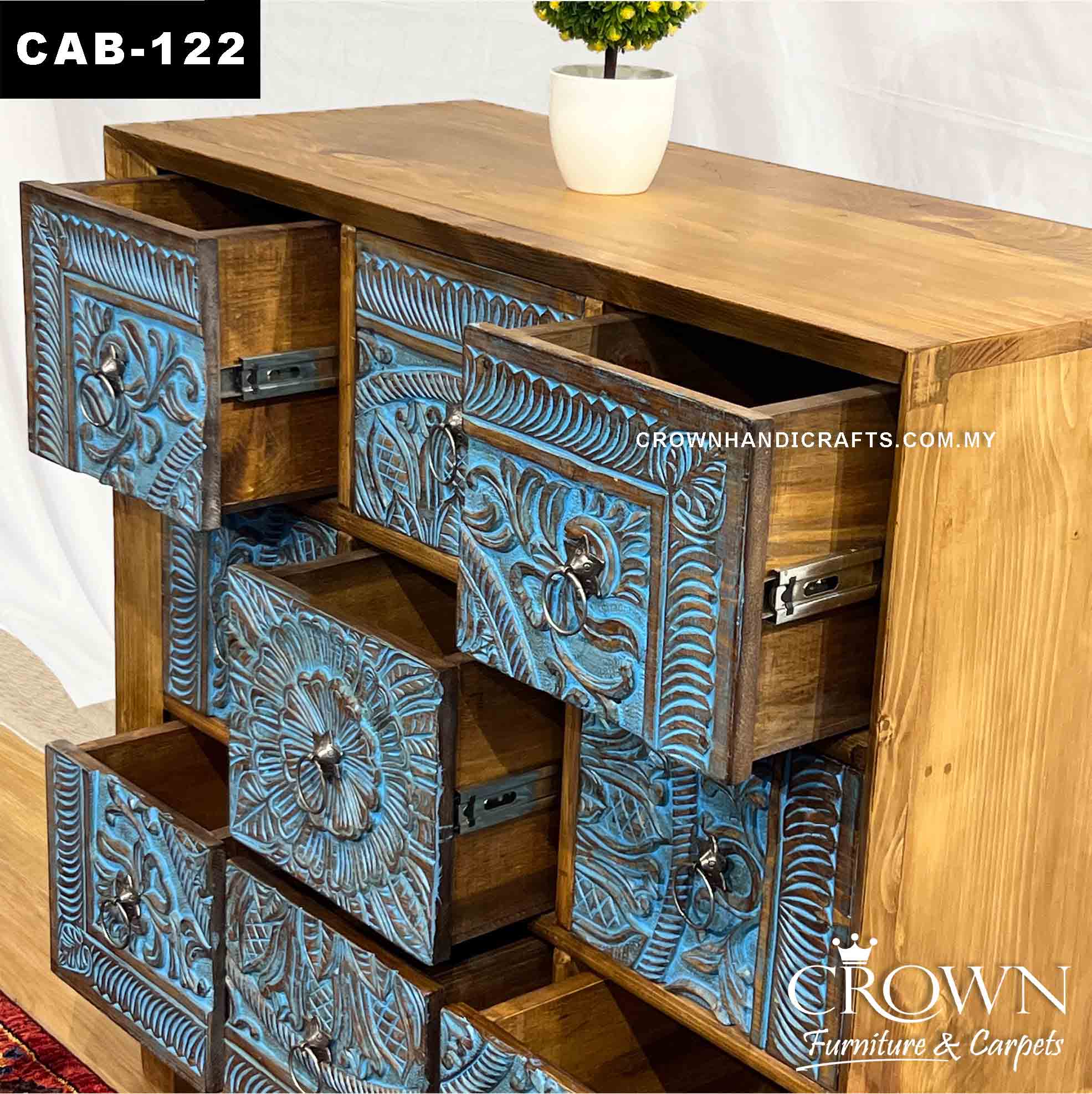 Distressed Blue Cabinet Hand Carved Round Orbit along 9 Drawers Solid Wood Antique Furniture in Malaysia | CAB-122 (L36 W15.5 H36 Inches)