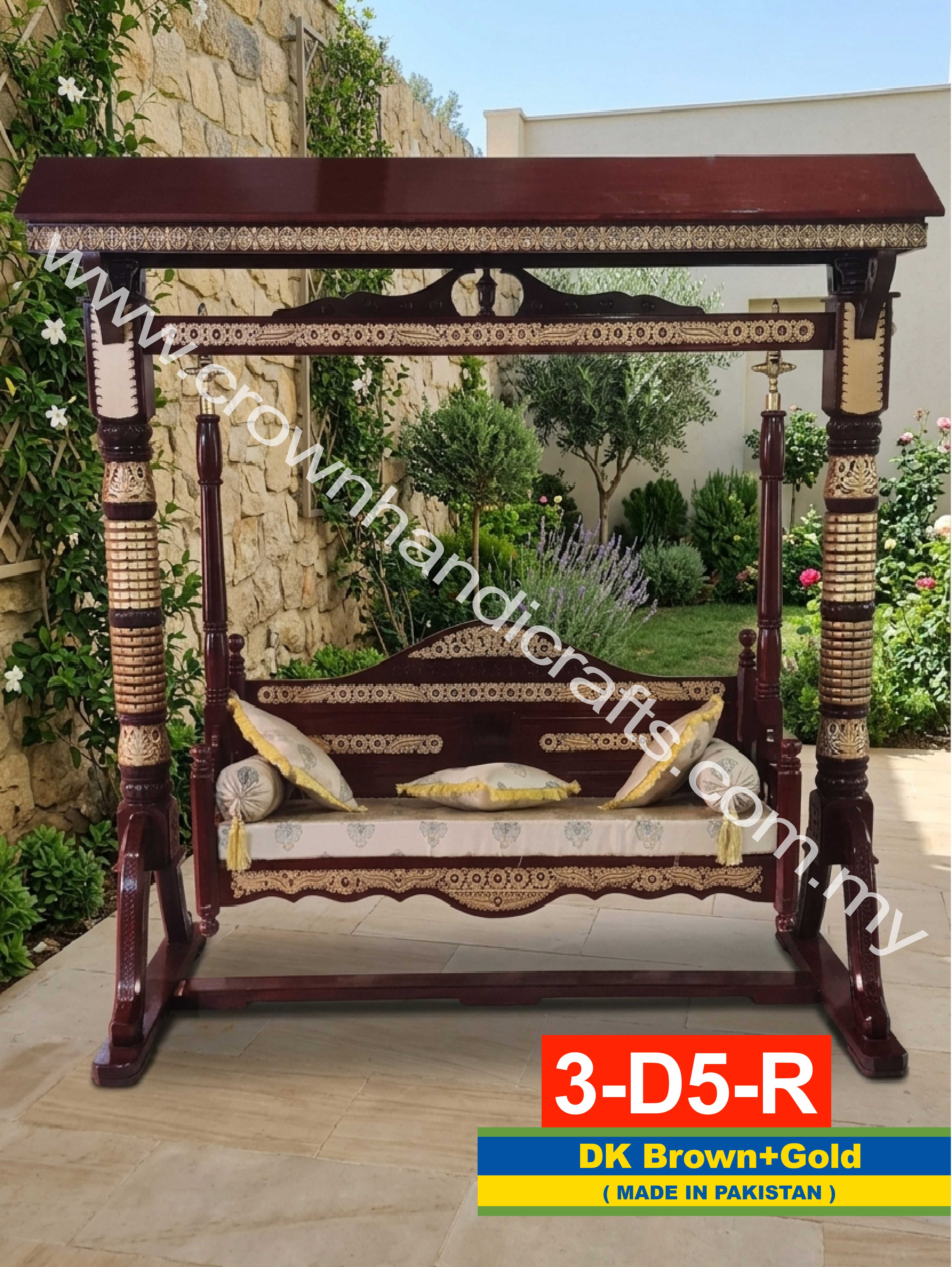 Handcrafted Maharaja Swing 3 Seater – Authentic Rosewood Design for Sophisticated Living Spaces | 3-D5-R (DK BROWN+GOLD)
