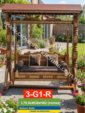 Maharaja Swing 3 seater Luxurious Handcrafted Indian and Pakistani Wooden Swing in Premium Rosewood, Combining Traditional Elegance and Modern Luxury for Your Home Decor | Maharaja Swing 3 Seater With Roof 3-G1-R