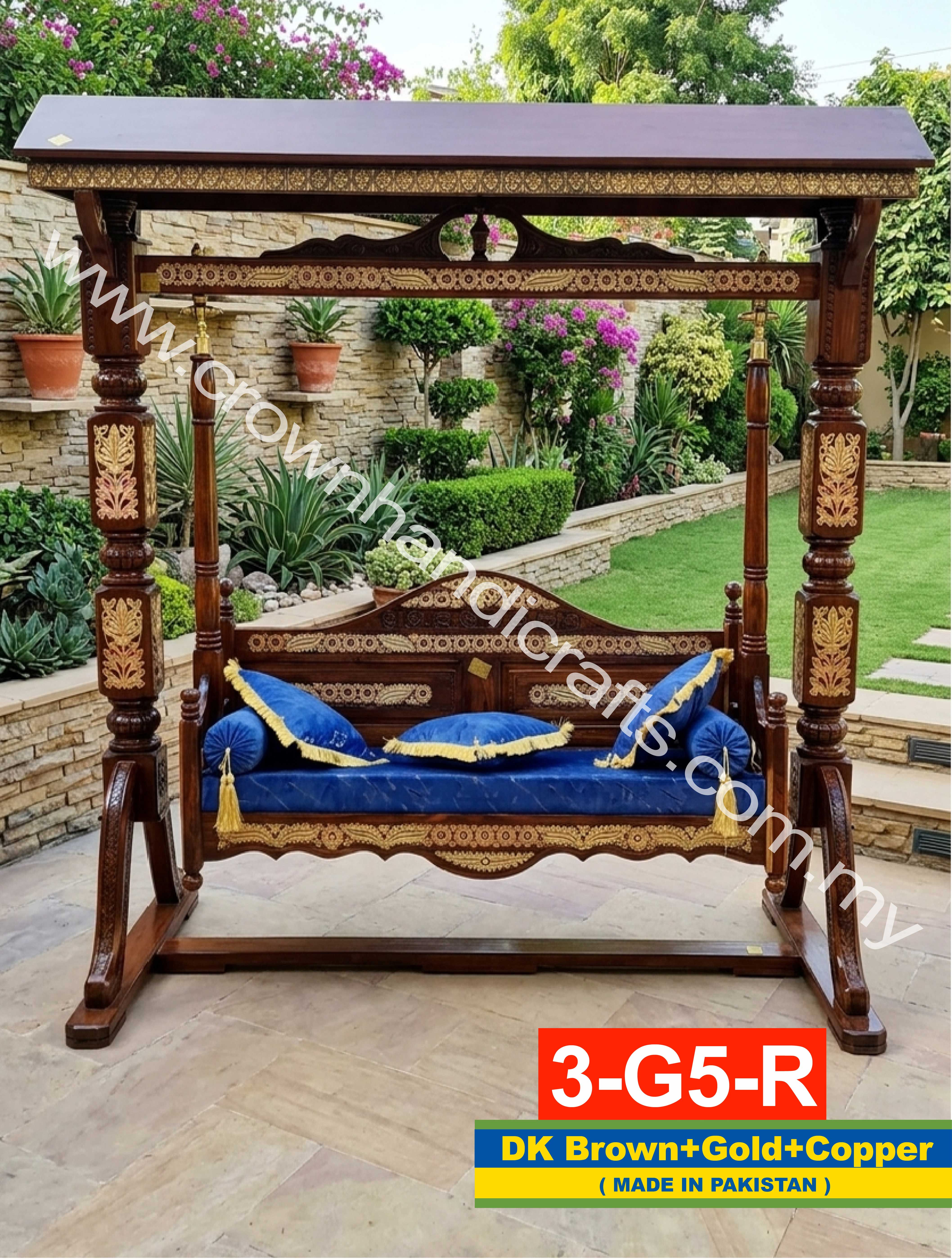 Heritage 3-Seater Maharaja Swing – Handcrafted Rosewood Elegance for Luxurious Home Interiors | 3-G5-R (DK BROWN+GOLD+COPPER)
