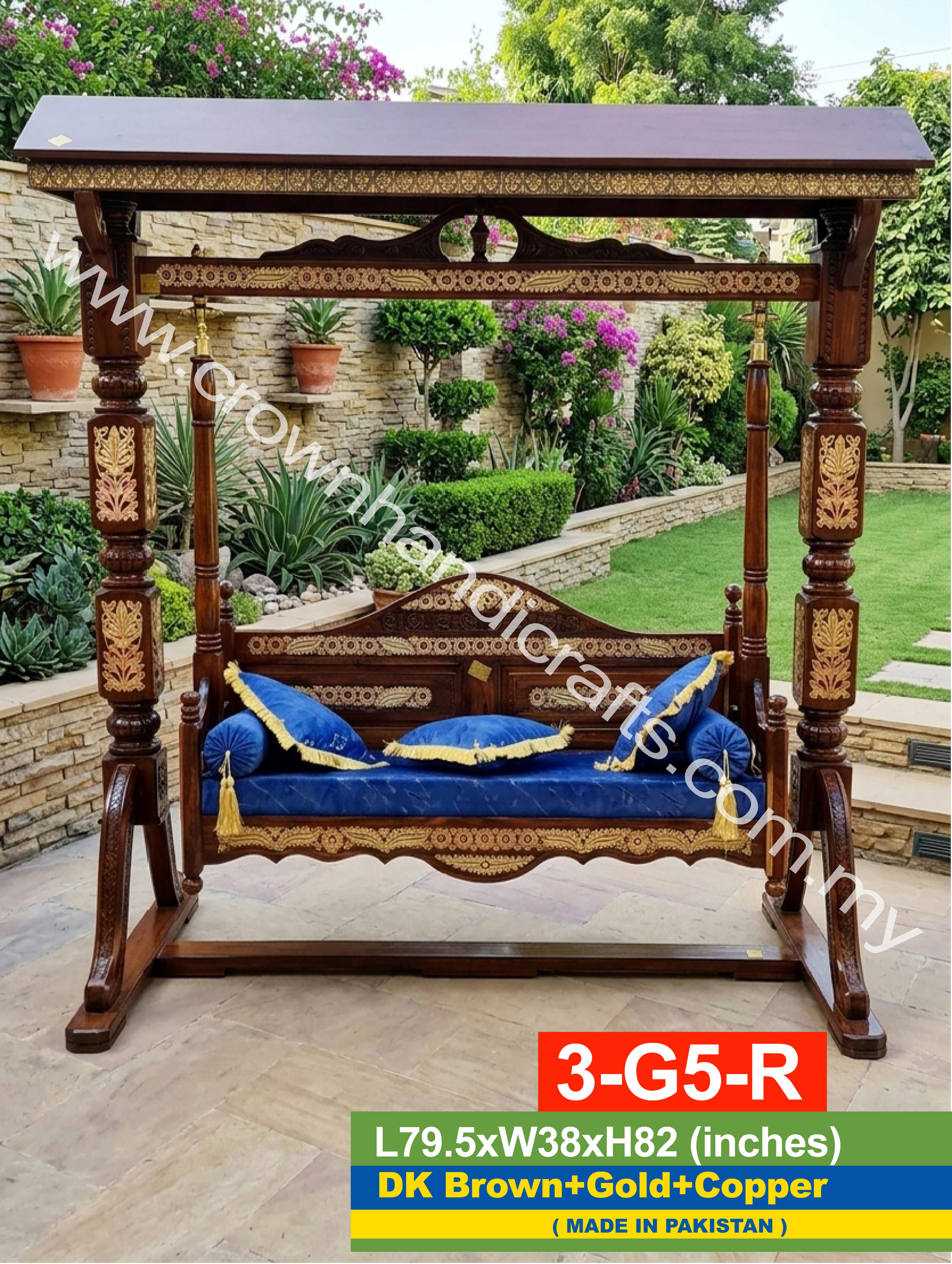 Heritage 3-Seater Maharaja Swing – Handcrafted Rosewood Elegance for Luxurious Home Interiors | 3-G5-R (DK BROWN+GOLD+COPPER)