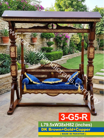 Heritage 3-Seater Maharaja Swing – Handcrafted Rosewood Elegance for Luxurious Home Interiors | 3-G5-R (DK BROWN+GOLD+COPPER)