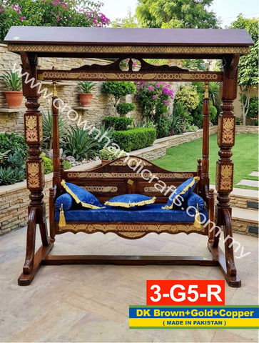 Heritage 3-Seater Maharaja Swing – Handcrafted Rosewood Elegance for Luxurious Home Interiors | 3-G5-R (DK BROWN+GOLD+COPPER)