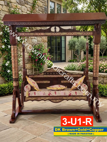 Maharaja Swing 3 seater Luxurious Handcrafted Indian and Pakistani Wooden Swing in Premium Rosewood | Maharaja Swing 3 Seater 3-U1-R (DK BROWN+GOLD+COPPER)
