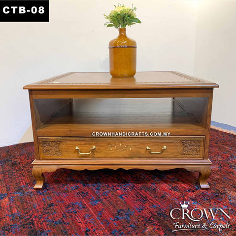 Square Coffee Table Double Top along with Drawer openable both sides, Ecletic Style Hand Carving and Brass Inlay, Solid Wood Coffee Table | CTB-08 (L36 W36 H22 Inches)