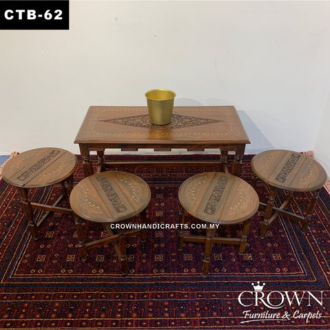 Solid Wood 4-stool Slot in out Style Coffee Table, Accent with Hand Carving and Brass inlay, Perfect for usage in Living Room | CTB-62 (L36 W18 H21 Inches)