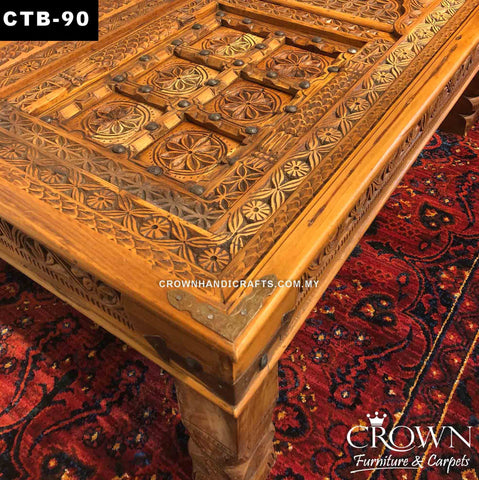Coffee Table Solid Wood, Moghul Palace Door Antique Style, Hand Carved along with Accent of Metal Ornaments | CTB-90 (L48 W32 H18 Inches)