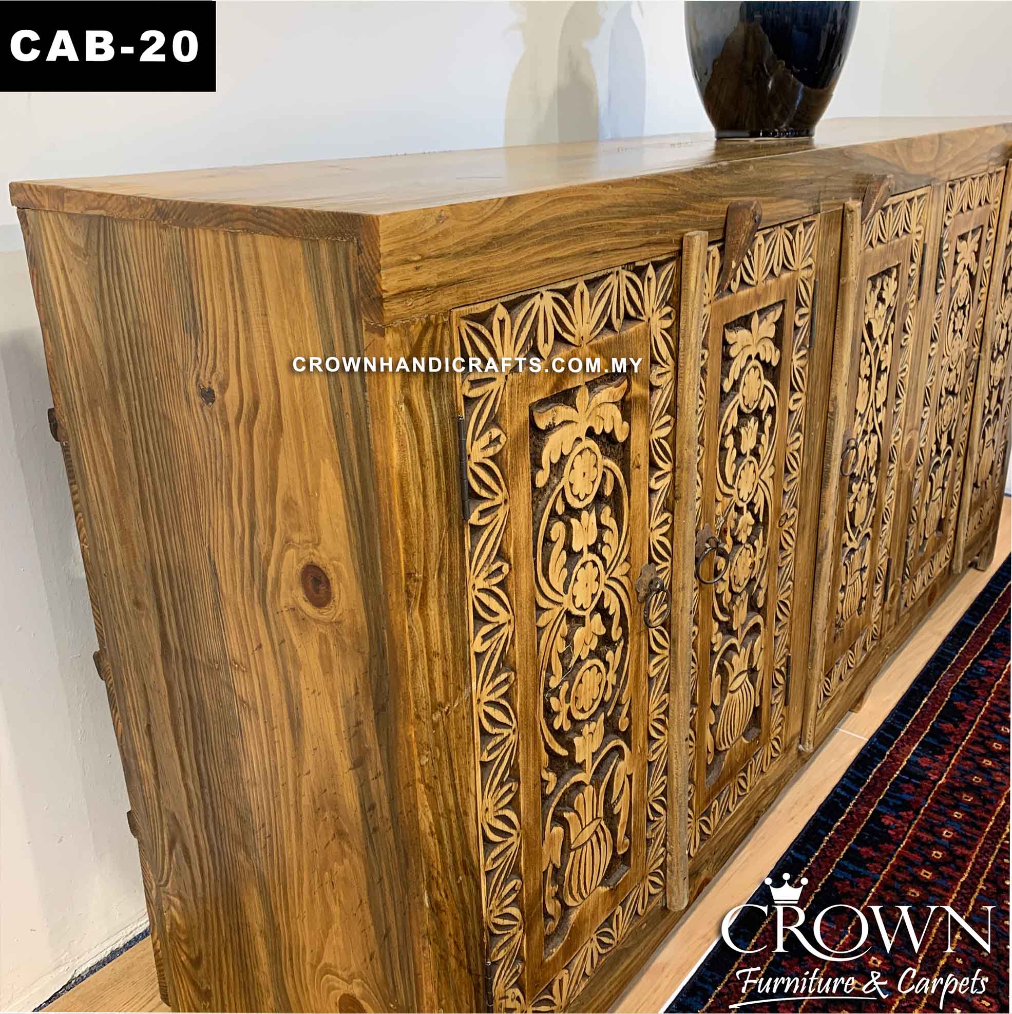 Sideboard Cabinet Solid Wood Hand Carved Living Room Furniture Penang Vintage Style Credenza in Kuala Lumpur Malaysia | CAB-20 (L72 W17 H36 Inches)