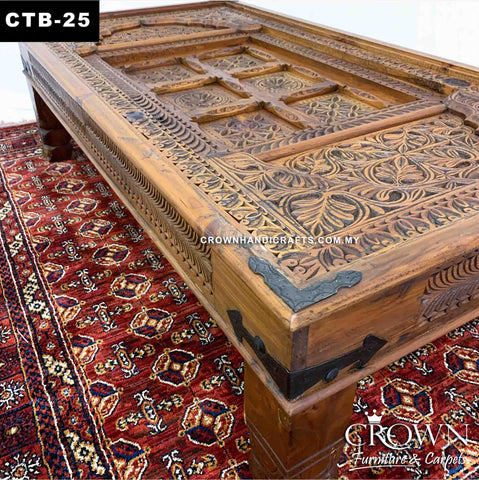 Solid Wood Coffee Table Antique Moghul Palace Door Style, Hand Carved along with Vintage Metal Ornaments | CTB-25 (L60 W32 H18 Inches)