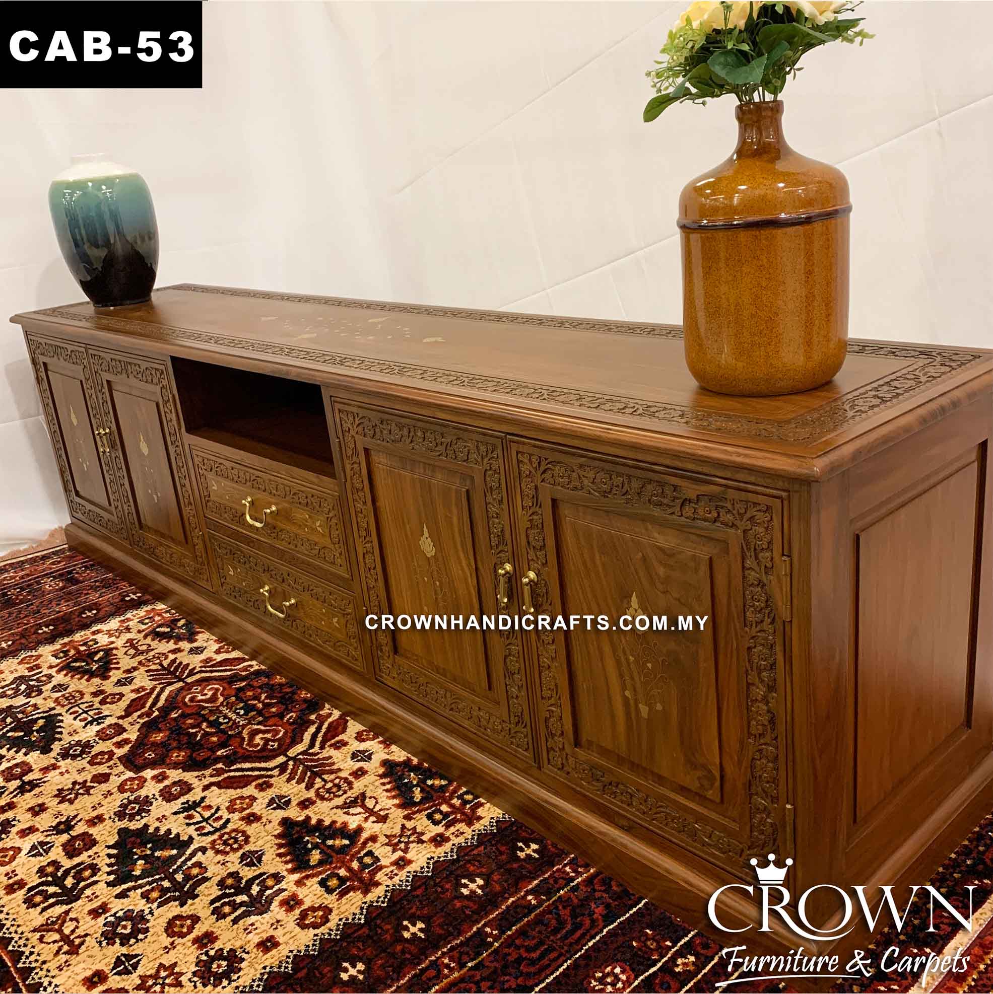 Long TV Cabinet Solid Wood Hand Carved and Brass in-laid Furniture Shop in Malaysia | CAB-53 (L83 W18 H23 Inches)