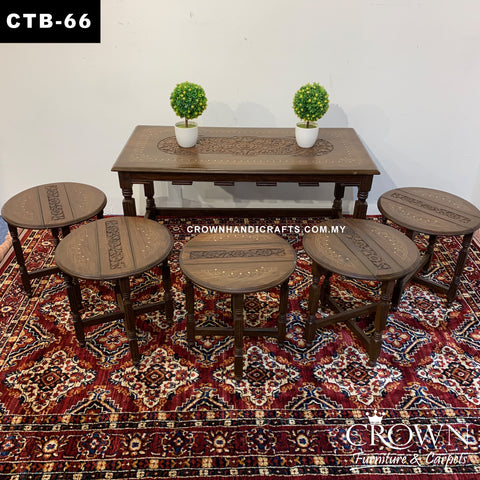 Elegant Solid Wood Coffee Table with 4 Slot-In Stools & Brass Inlay Detail, Perfect for Multiple usage in Living Room, Solid Wood Table, Accent with Hand Carving and Brass inlay | CTB-66 (L40 W20 H21 Inches)