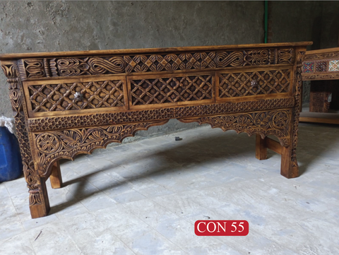 Moghul Dynasty Inspired Console Table | Hand Carved Solid Wood Entrance Furniture with Artistic Heritage Design With Two Drawers | CON 55