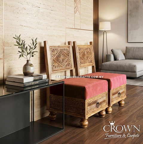 Handcrafted Royal Low Height Chairs Set | Solid Wood with Rajasthani Hand-Crafted Art & Storage Drawer | CHR 60 (L25 W18.5 H32 Inches)