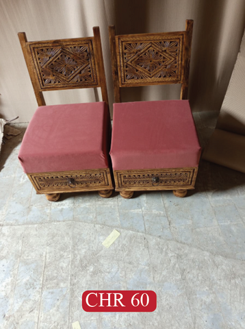 Handcrafted Royal Low Height Chairs Set | Solid Wood with Rajasthani Hand-Crafted Art & Storage Drawer | CHR 60 (L25 W18.5 H32 Inches)