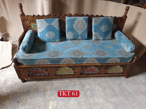 Handcrafted Bohemian Takht Couch | Solid Wood 3-Seater with Timeless Wooden Craftsmanship | TKT 61 (L70.5 W28.5 H40 Inches)