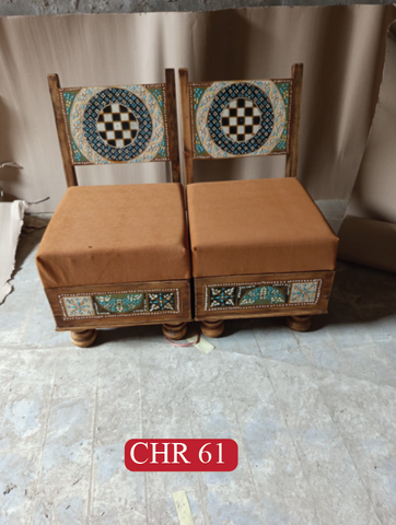 Rajasthani Hand-Painted Royal Chairs | Low Height Solid Wood Accent Chairs Set with Drawer | CHR 61 (L25 W18.5 H32 Inches)