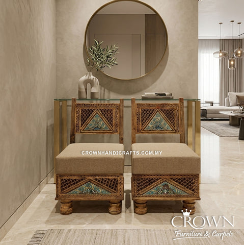 Solid Wood Low Height Royal Chairs | Artisan Hand-Painted Rajasthani Accent Furniture with Drawer | CHR 62 (L25 W18.5 H32 Inches)