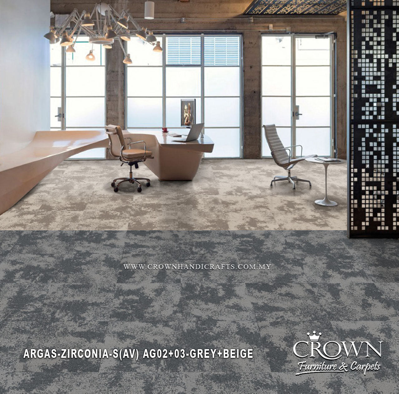 Textured grey carpet tiles with speckled beige tones, installed in workspace setting.