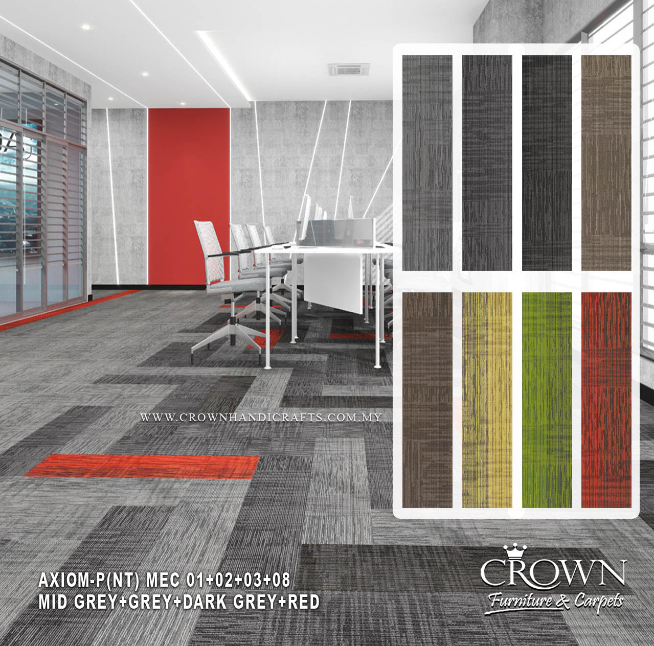 Modular carpet tiles in medium grey with red accent strips, textured loop pattern.