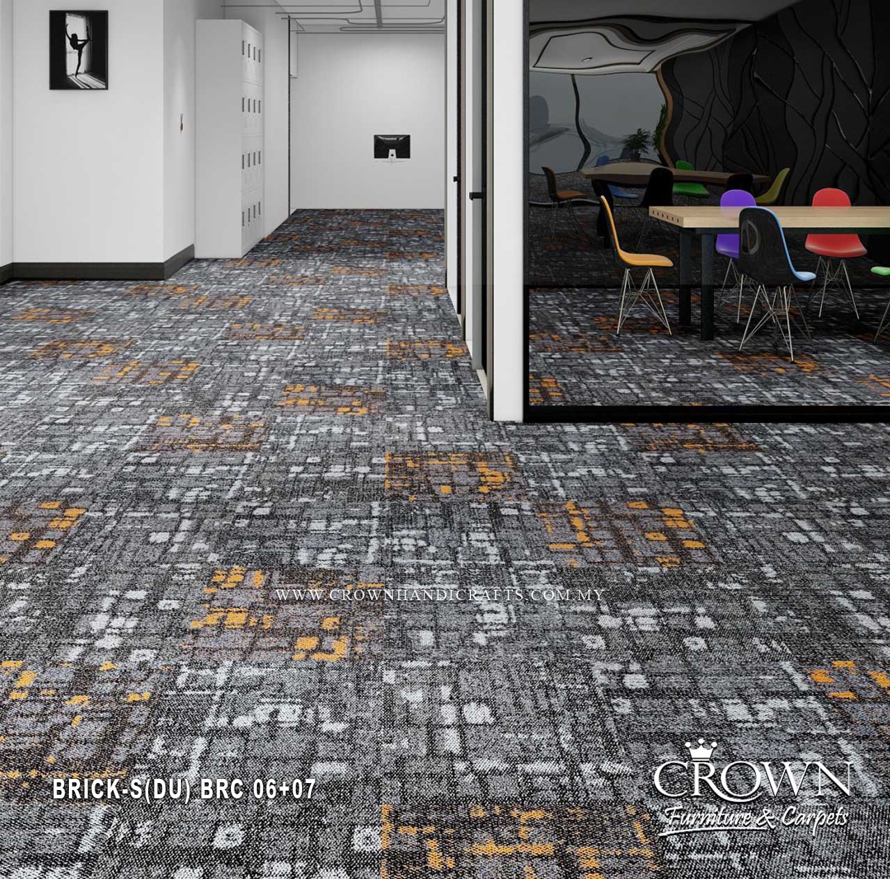 Brick-pattern carpet tiles in dark gray with orange and light gray flecks.