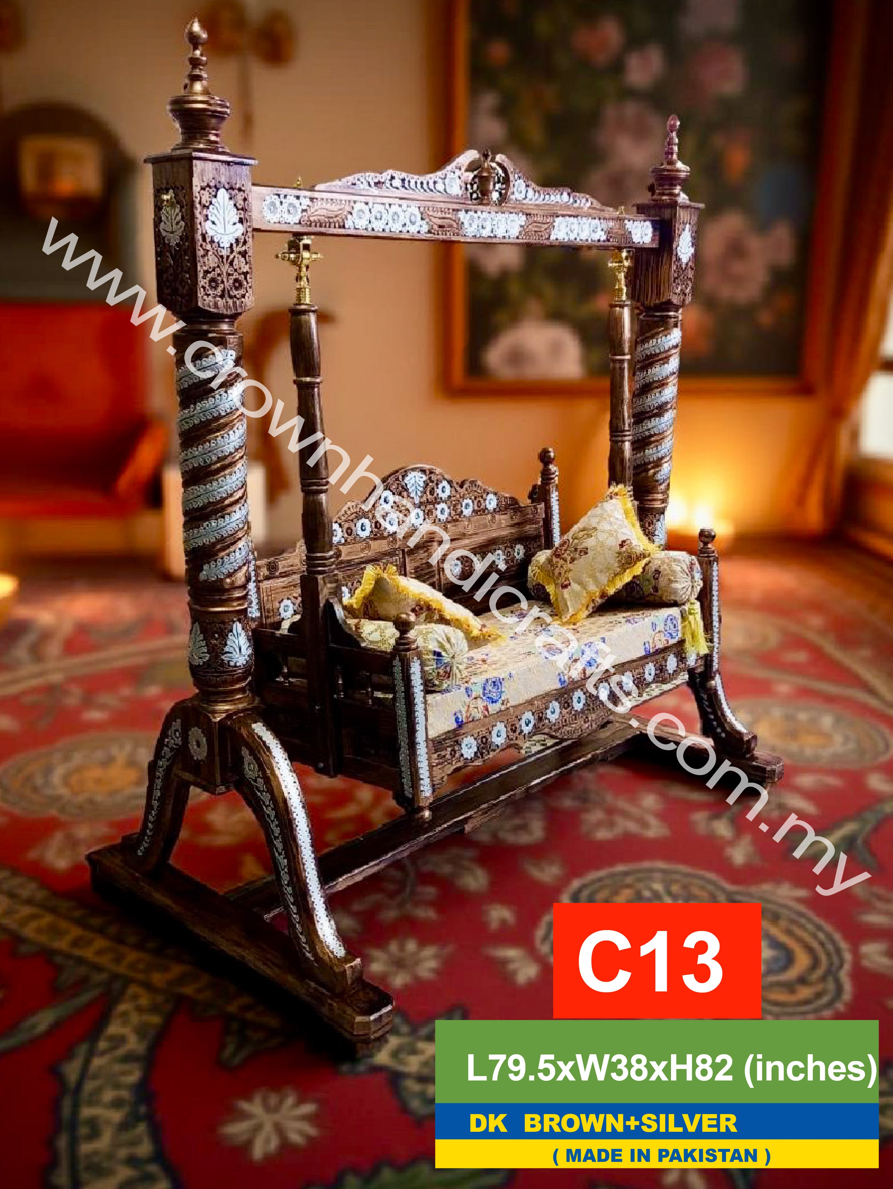 Maharaja Heritage Swing – 2-Seater Rosewood Elegance | Classic South Asian Artistry Meets Modern Living - C13 (D.BROWN+SILVER)