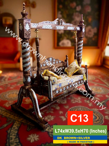 Maharaja Heritage Swing (Maharaja Oonjal) – 2-Seater Rosewood Elegance | Classic South Asian Artistry Meets Modern Living - C13 (D.BROWN+SILVER)