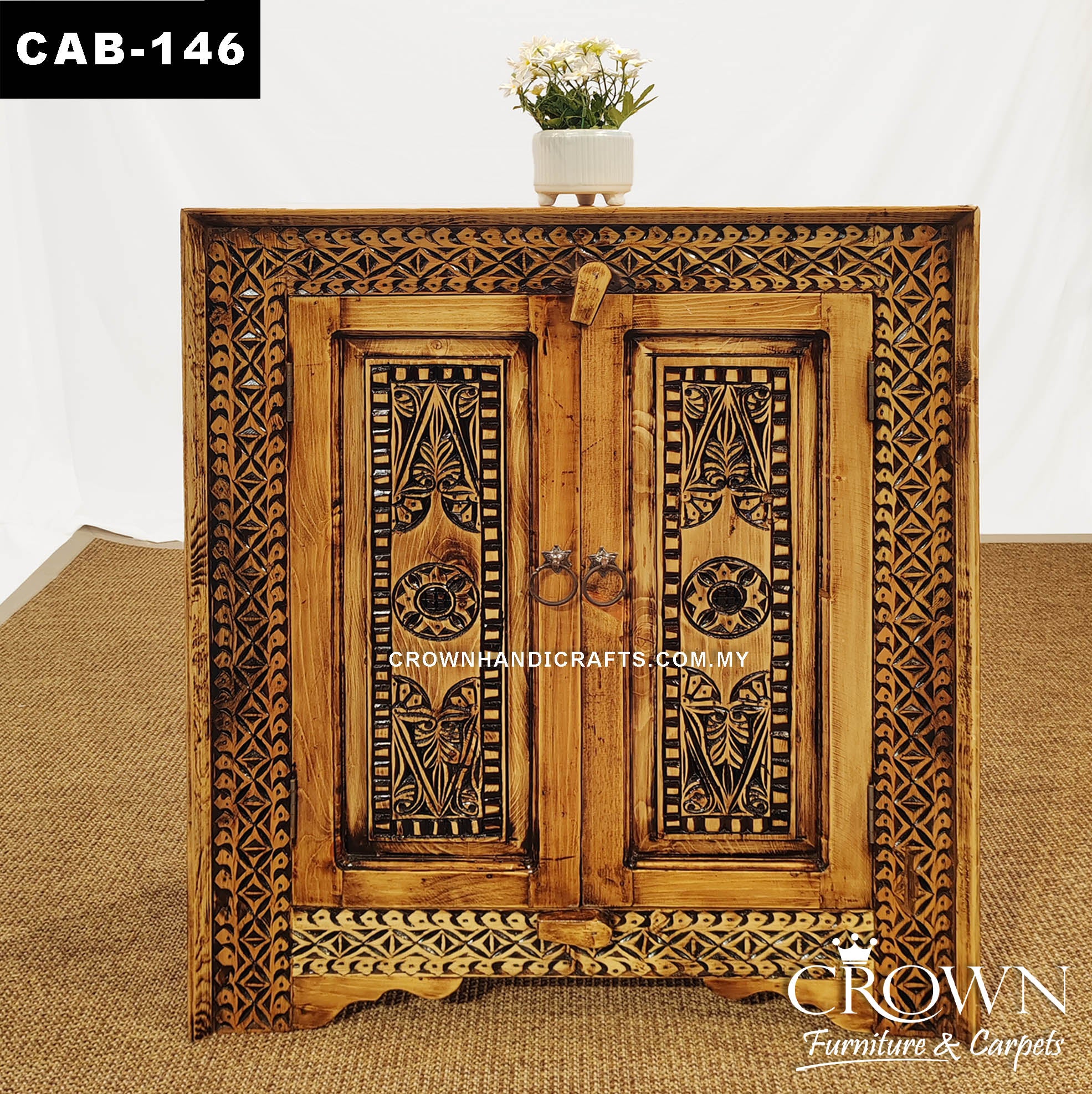 Antique Style Hand Carved Solid Wood Cabinet with 2 Doors, Premium Living Room Furniture Teak Cabinet in Malaysia | CAB-146 (L22.5 W14 H36 Inches)