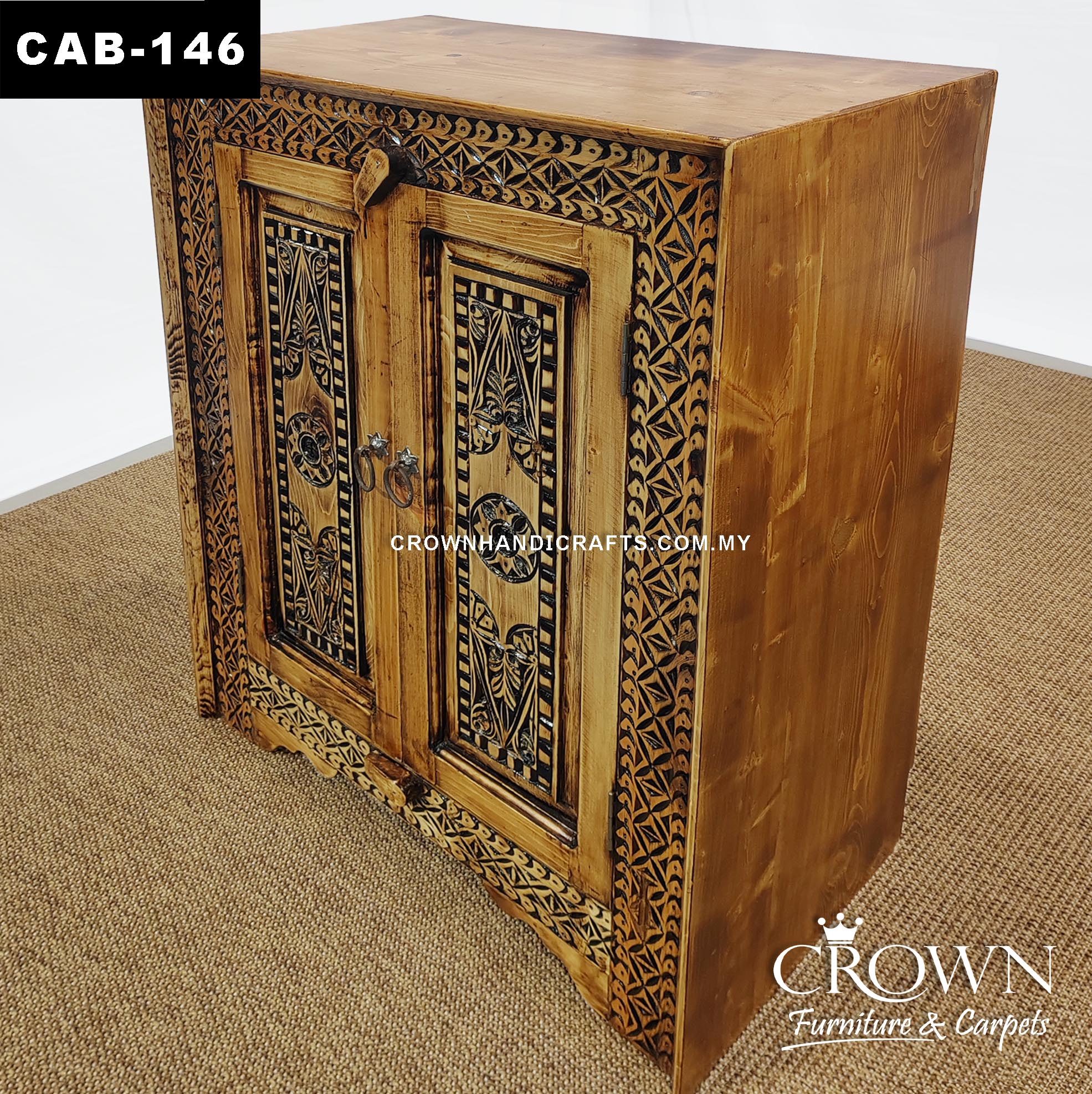 Antique Style Hand Carved Solid Wood Cabinet with 2 Doors, Premium Living Room Furniture Teak Cabinet in Malaysia | CAB-146 (L22.5 W14 H36 Inches)