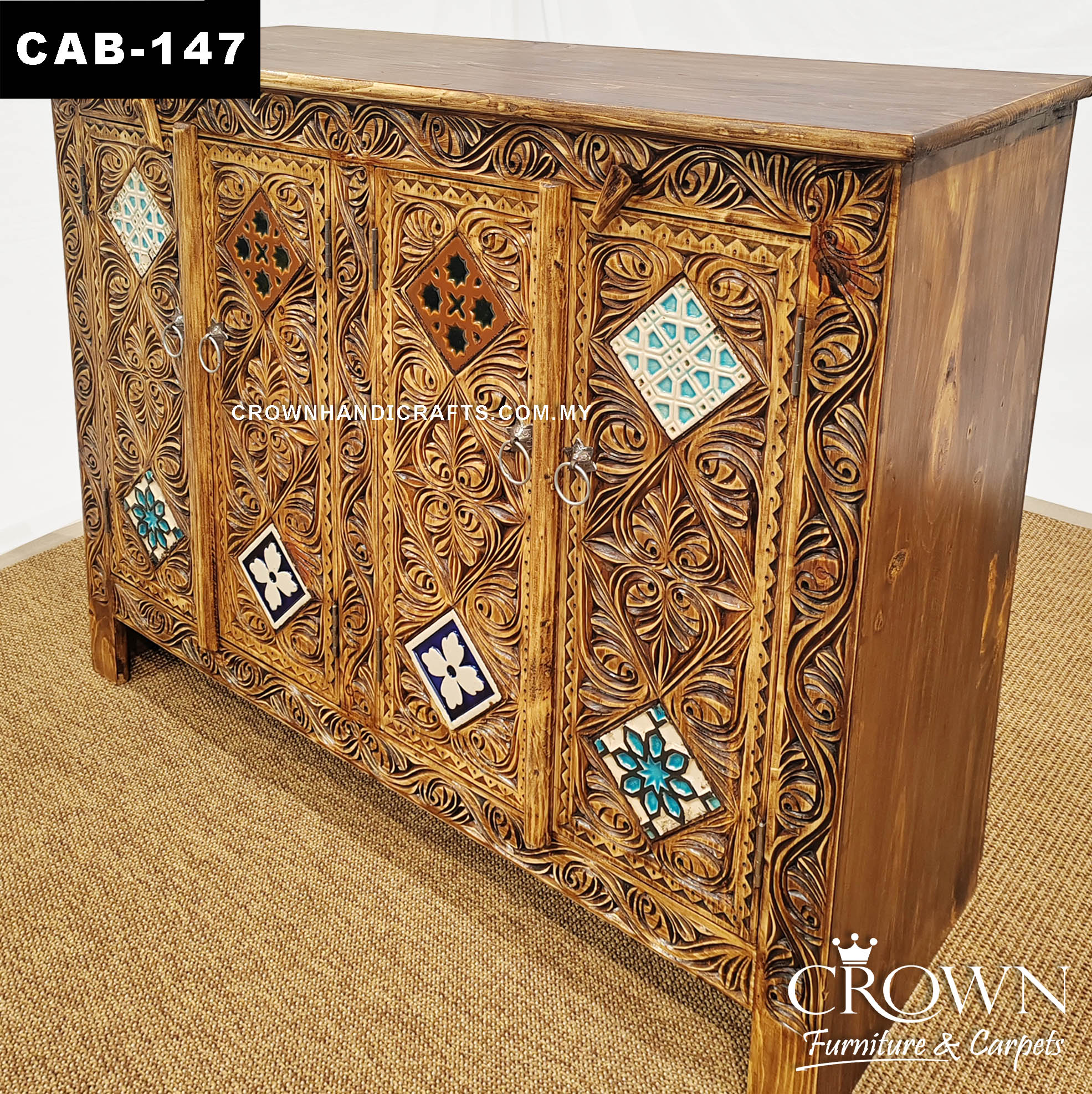 Moroccan Accent Retro Theme Style Solid Wood Cabinet Chest Hand Carved Antique Charm Furniture Malaysia | CAB-147 (L48 W16 H36 Inches)