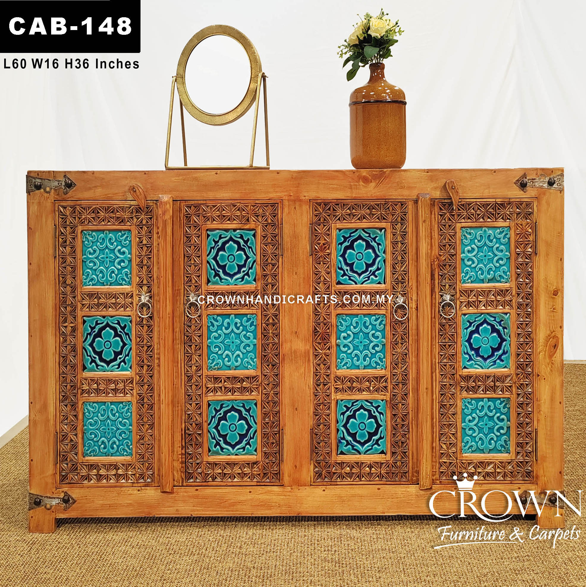 Moroccan Blue Bold Statement Heritage Style Cabinet in Solid Wood Artisan with 4 Doors | CAB-148 (L60 W16 H36 Inches)