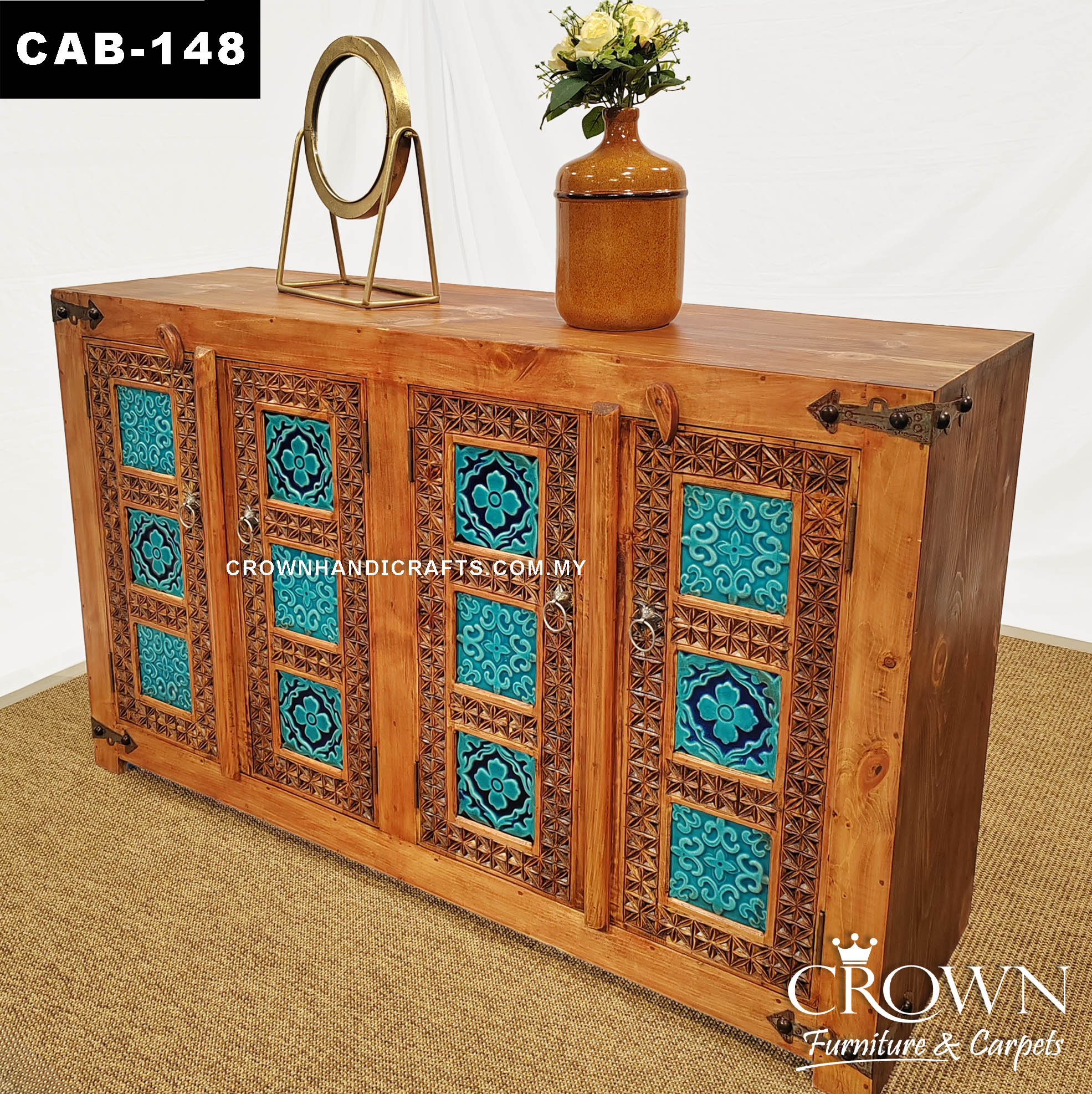 Moroccan Blue Bold Statement Heritage Style Cabinet in Solid Wood Artisan with 4 Doors | CAB-148 (L60 W16 H36 Inches)