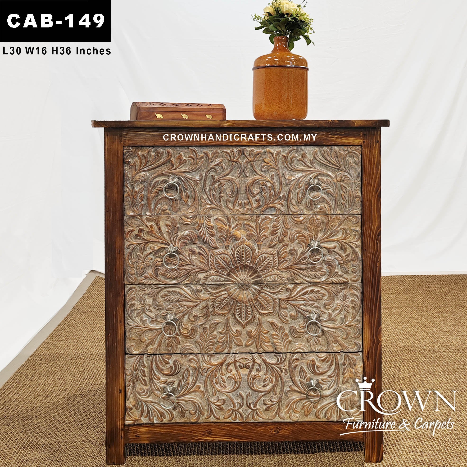 Premium Crafted Whitewash Cabinet, Solid Wood 4-Drawer Chest with Artisan Craftsmanship | CAB-149 (L30 W16 H36 Inches)