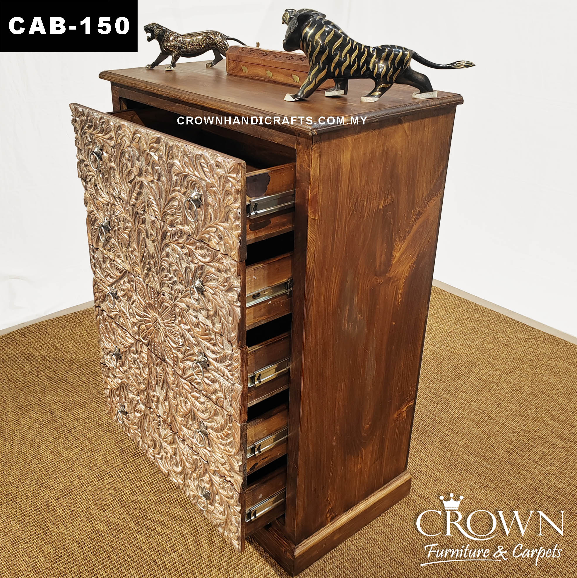 Classic Whitewash Solid Wood With 5-Drawers Chest with Artisan Handcrafted Detail | CAB-150 (L30 W16 H42 Inches)